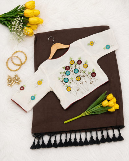 Khadi Cotton Embroidered Readymade Blouse with Plain Khadi Cotton Saree – ₹1299