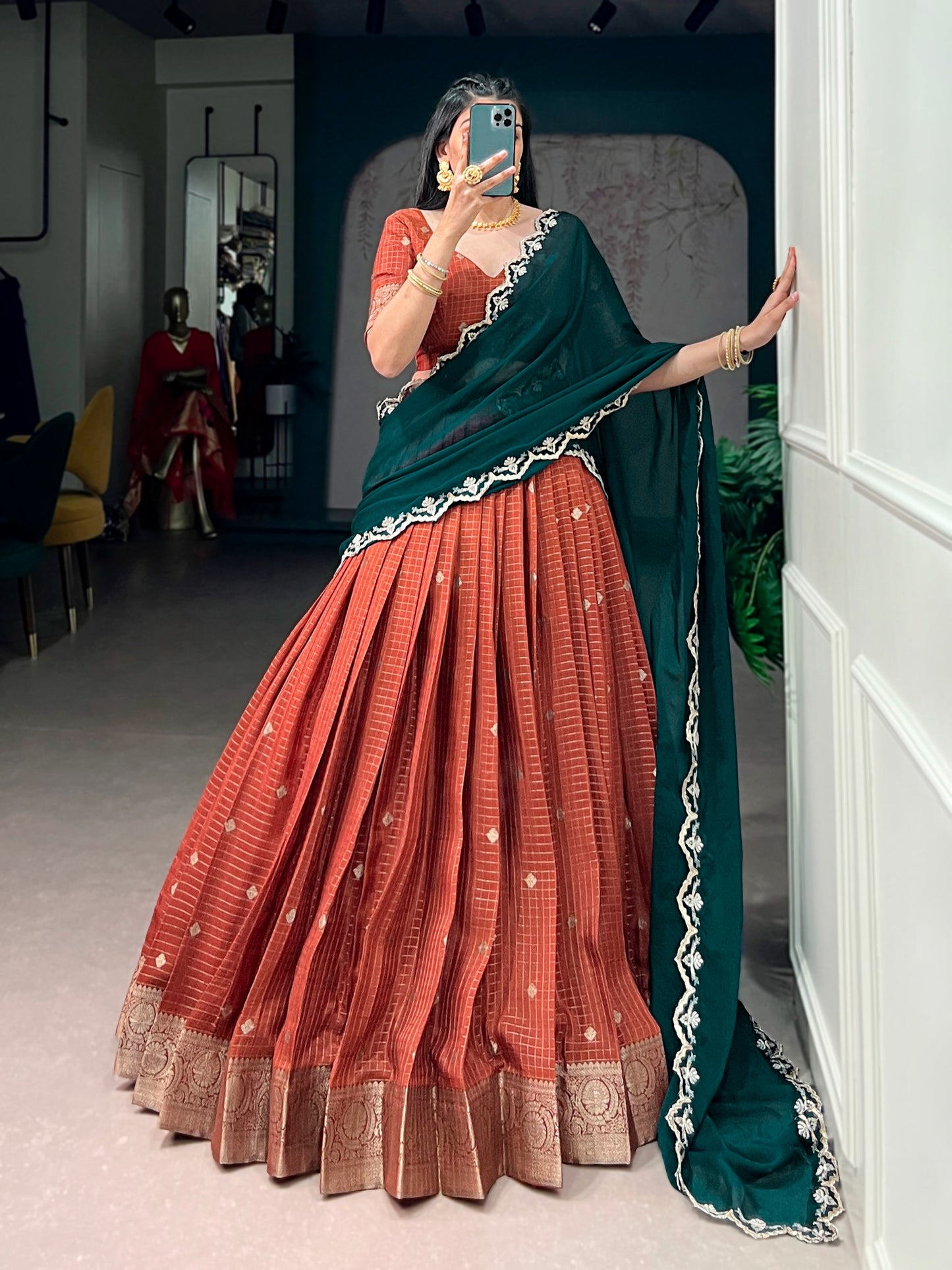 Chinnon Silk Checked Readymade Dhavani  Collection – ₹1799