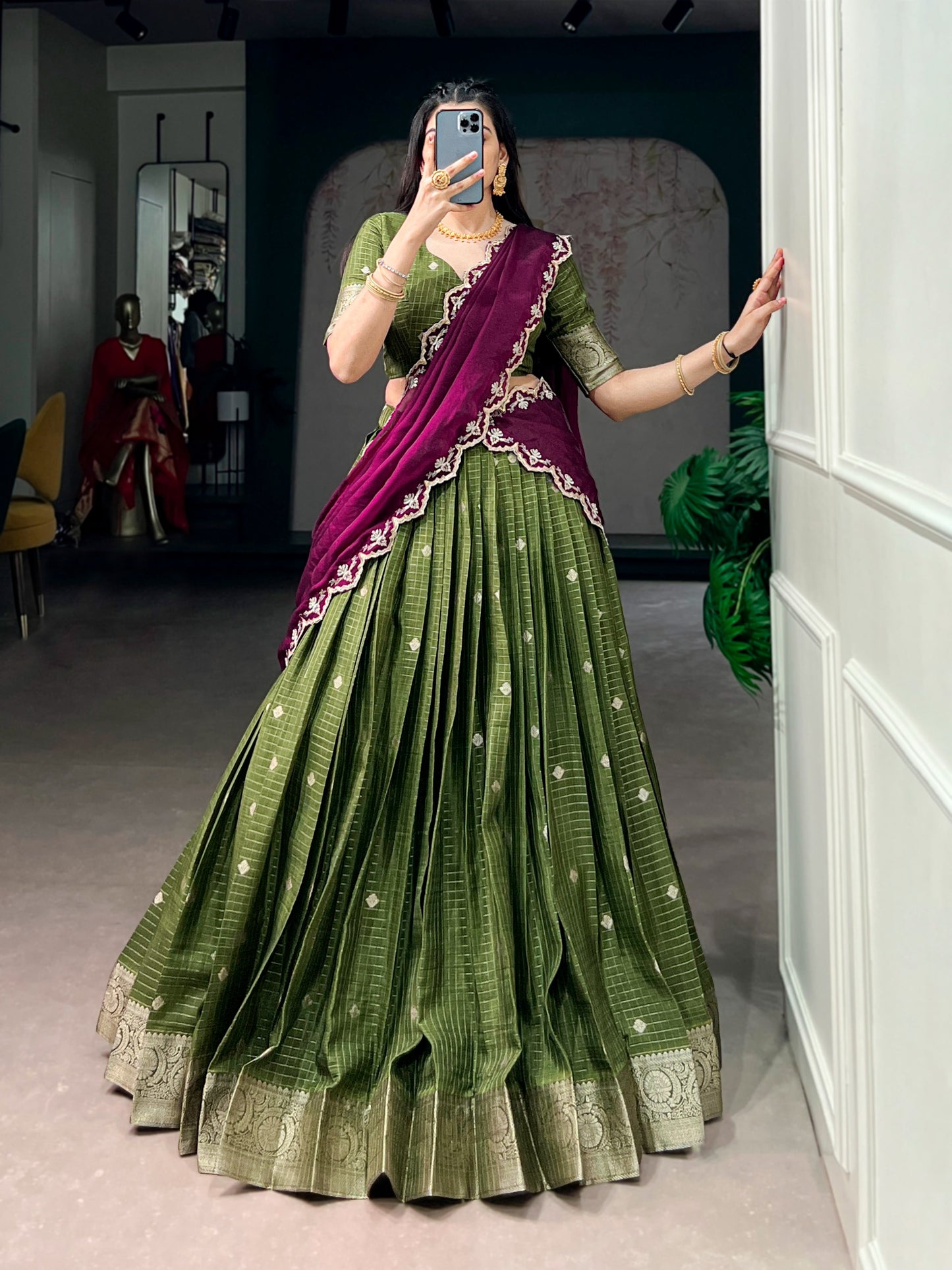 Chinnon Silk Checked Readymade Dhavani  Collection – ₹1799