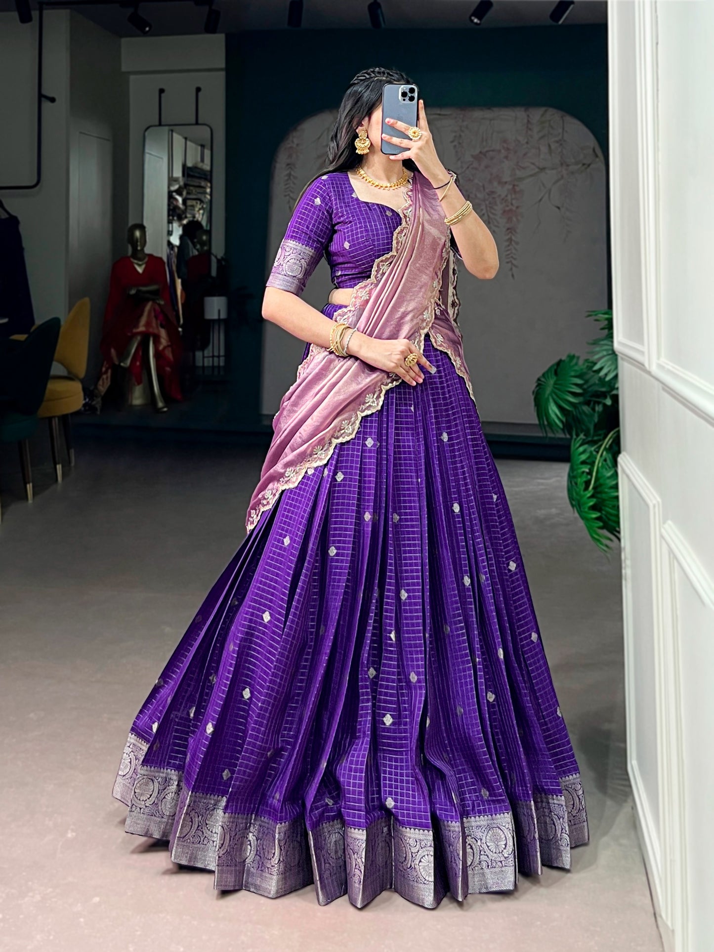 Chinnon Silk Checked Readymade Dhavani  Collection – ₹1799