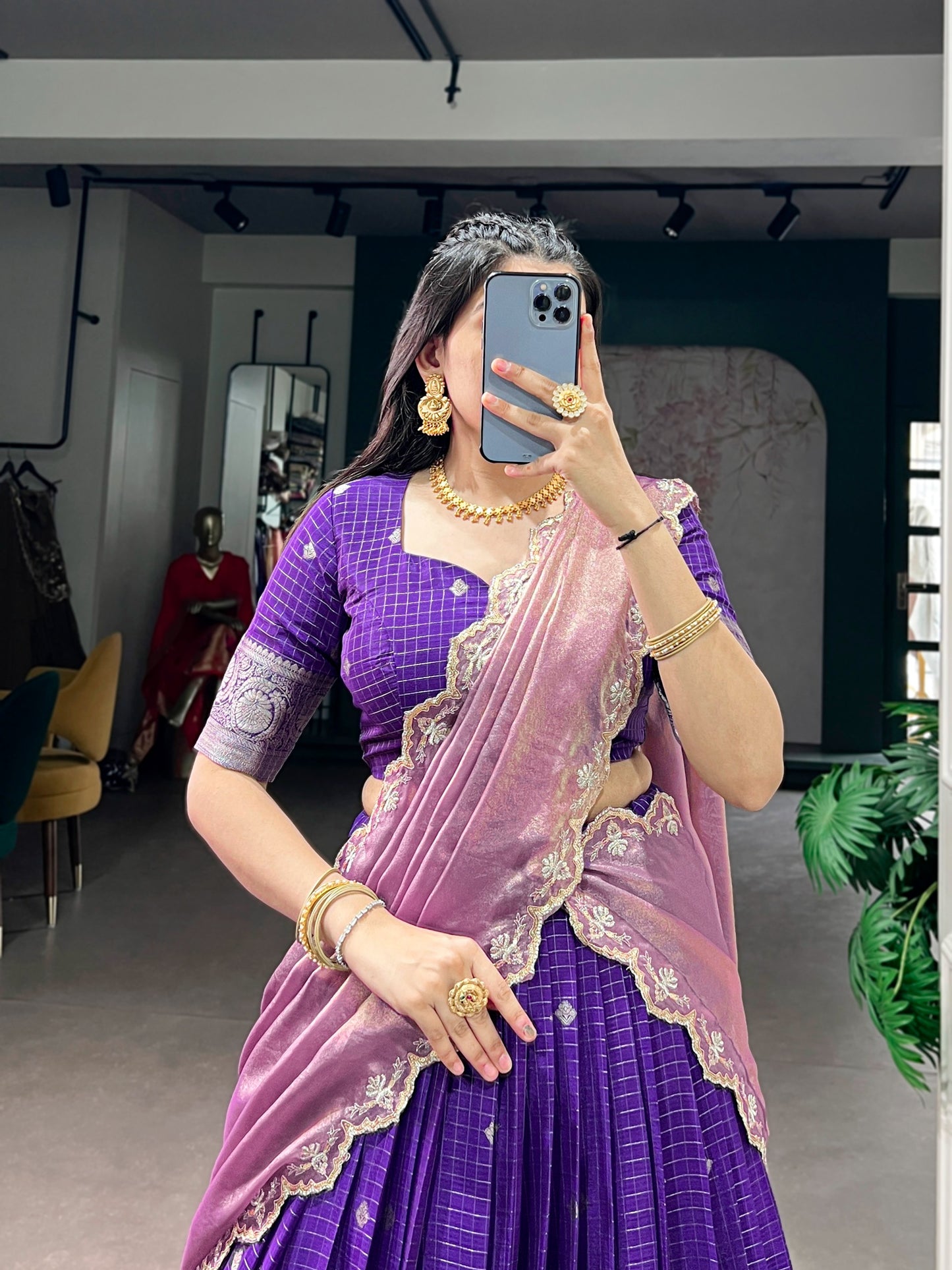 Chinnon Silk Checked Readymade Dhavani  Collection – ₹1799