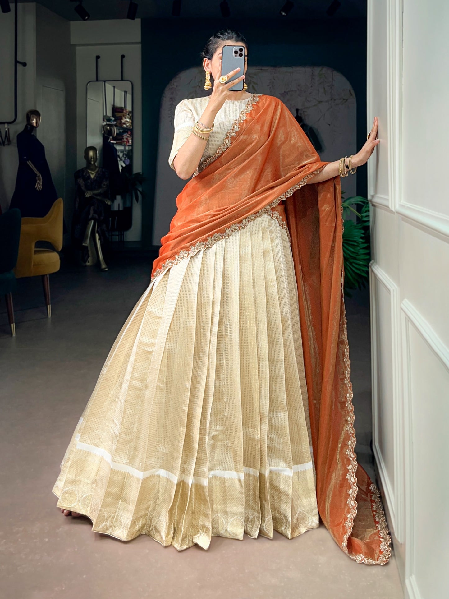 Jacquard Zari Checked Silk Readymade Dhavani / Half Saree Collection – ₹1599