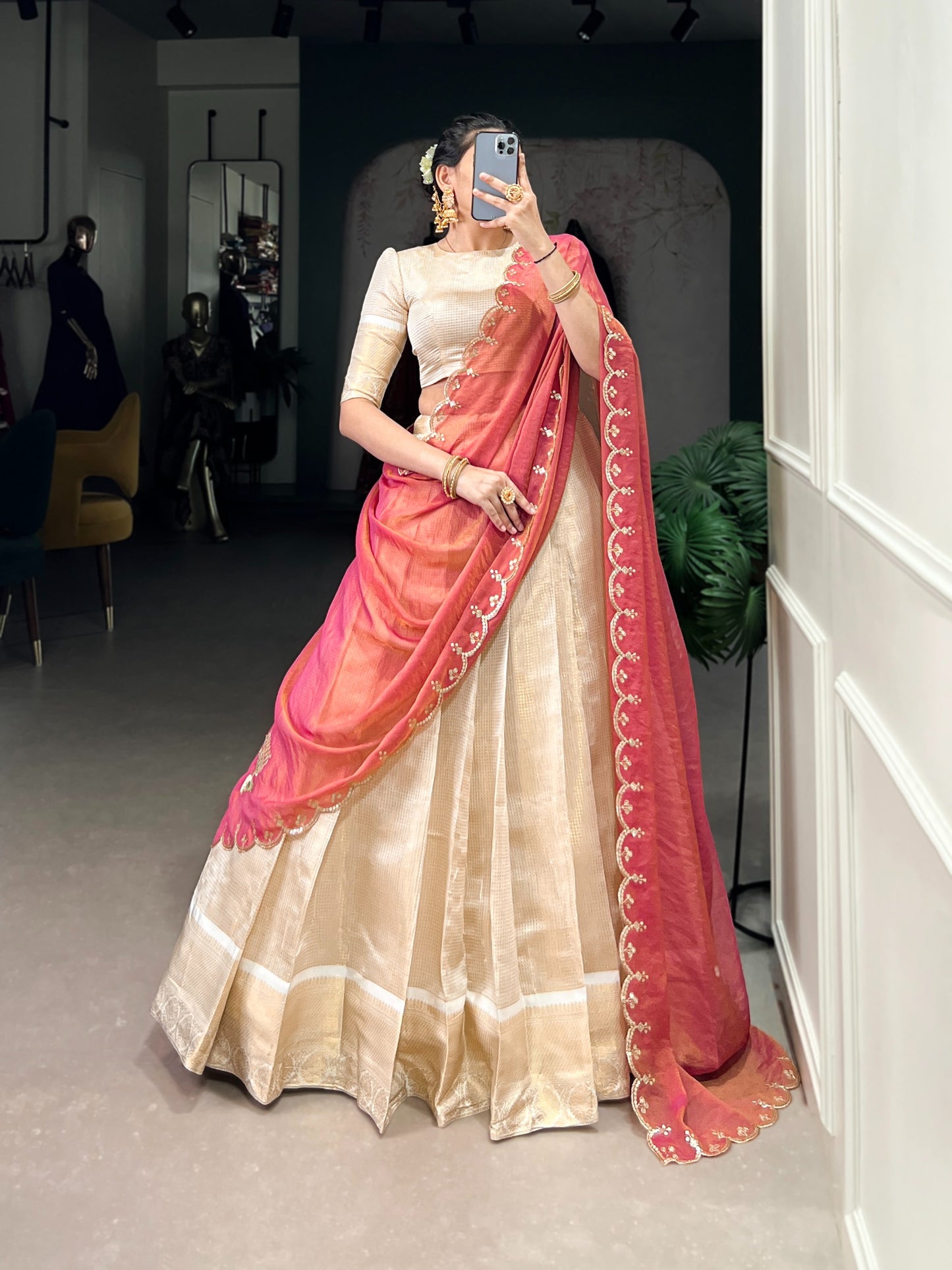 Jacquard Zari Checked Silk Readymade Dhavani / Half Saree Collection – ₹1599
