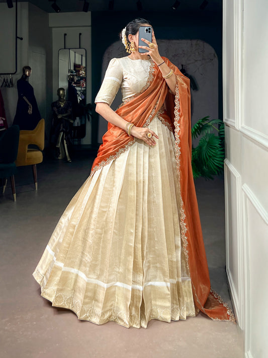 Jacquard Zari Checked Silk Readymade Dhavani / Half Saree Collection – ₹1599