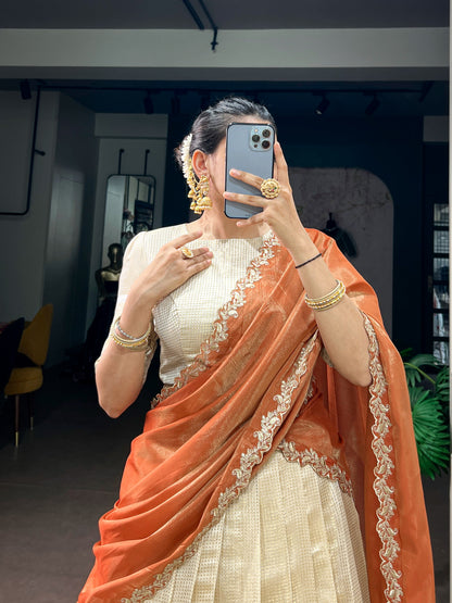 Jacquard Zari Checked Silk Readymade Dhavani / Half Saree Collection – ₹1599