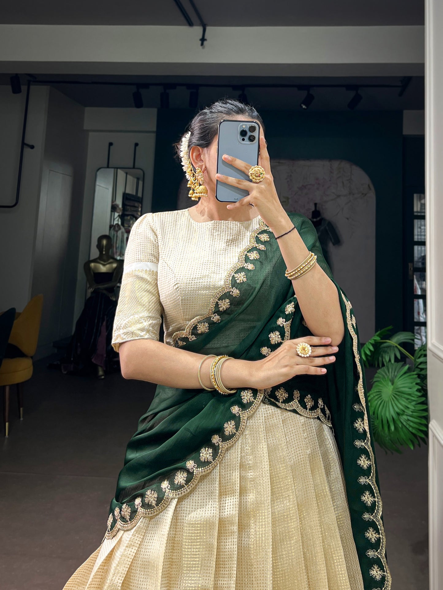 Jacquard Zari Checked Silk Readymade Dhavani / Half Saree Collection – ₹1599