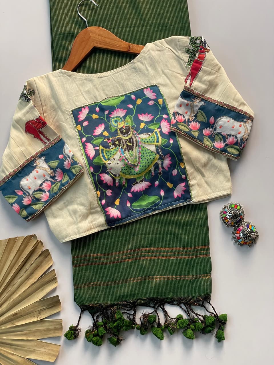 Khadi Cotton Zari Striped Saree with Appliqué & Bead Work Readymade Blouse – ₹1299