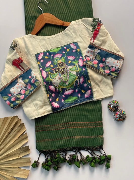 Khadi Cotton Zari Striped Saree with Appliqué & Bead Work Readymade Blouse – ₹1299