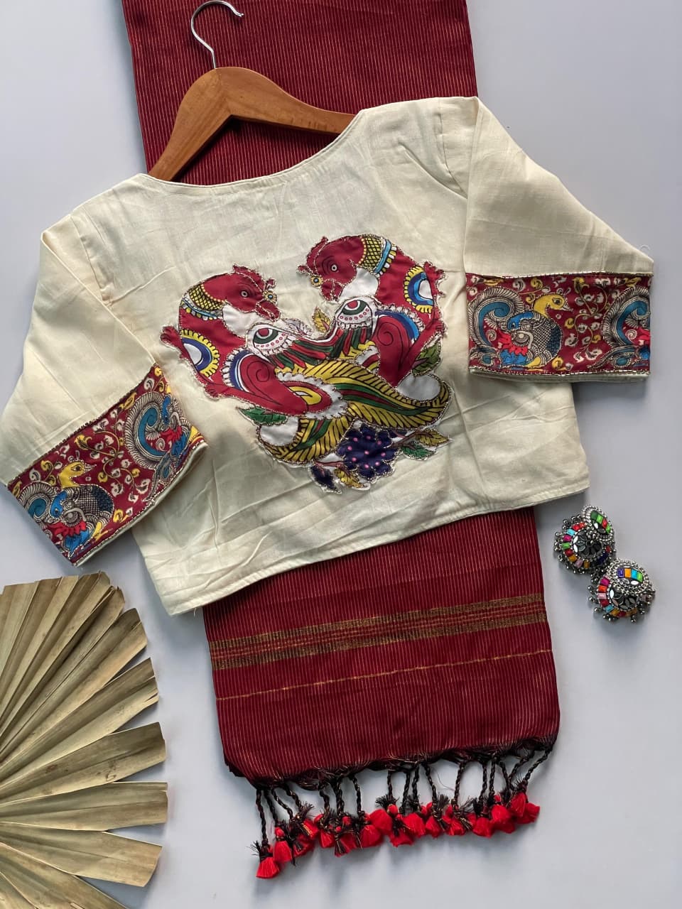 Khadi Cotton Zari Striped Saree with Appliqué & Bead Work Readymade Blouse – ₹1299