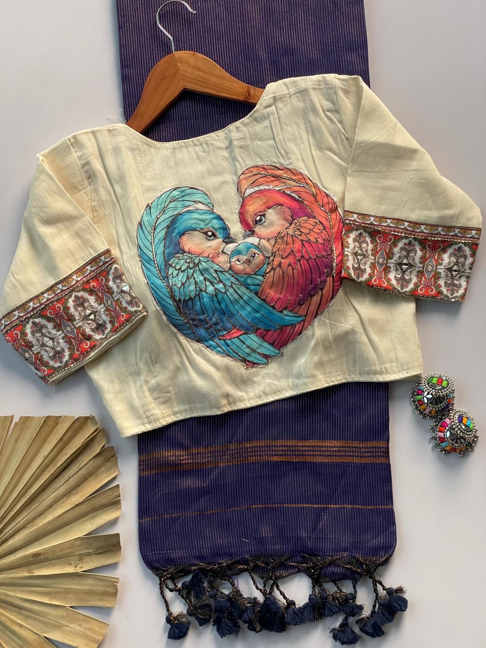 Khadi Cotton Zari Striped Saree with Appliqué & Bead Work Readymade Blouse – ₹1299