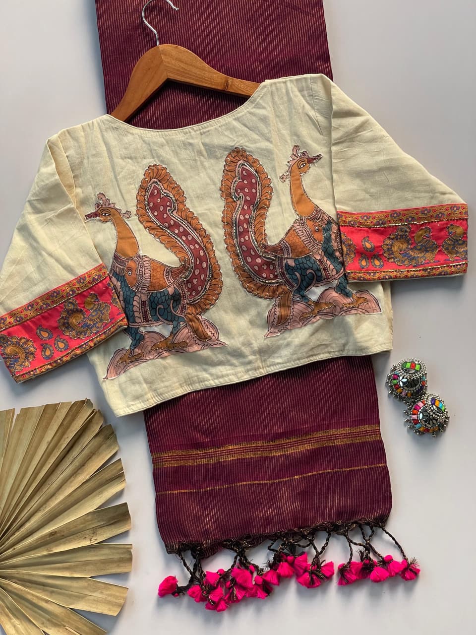 Khadi Cotton Zari Striped Saree with Appliqué & Bead Work Readymade Blouse – ₹1299