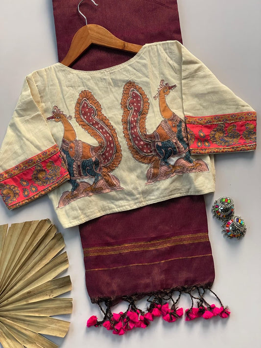 Khadi Cotton Zari Striped Saree with Appliqué & Bead Work Readymade Blouse – ₹1299