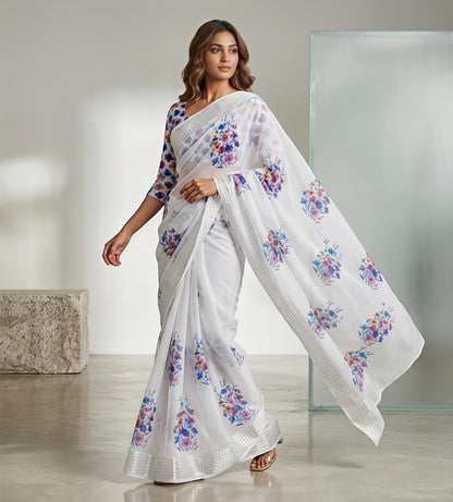 Soft Georgette Chiffon Floral Saree with Weaving Borders – ₹999