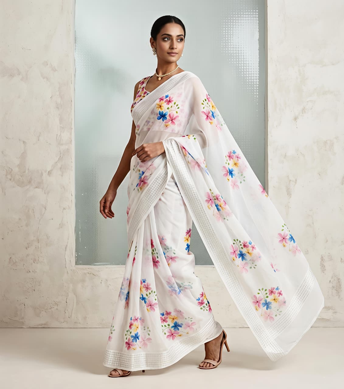 Soft Georgette Chiffon Floral Saree with Weaving Borders – ₹999