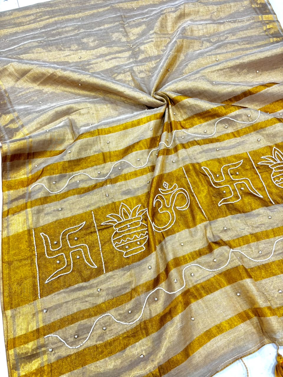 Tussar Tissue Silk Saree with Bead & Pearl Work – ₹1500