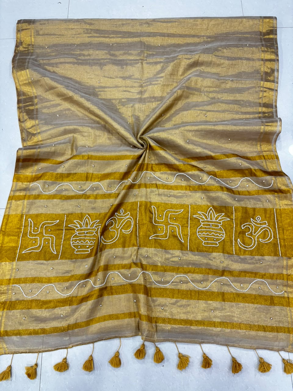 Tussar Tissue Silk Saree with Bead & Pearl Work – ₹1500
