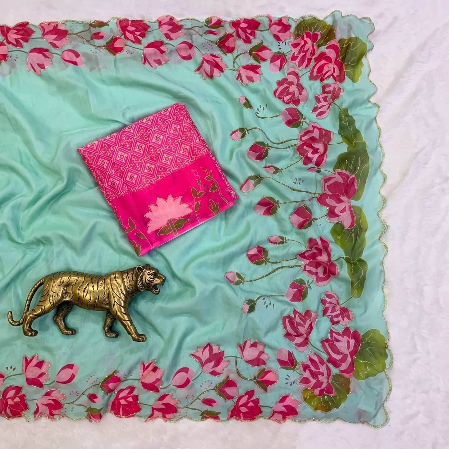 Soft Tabby Organza Silk Saree with Cut Bead Work & Scalloped Borders – ₹1599