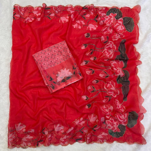Soft Tabby Organza Silk Saree with Cut Bead Work & Scalloped Borders – ₹1599