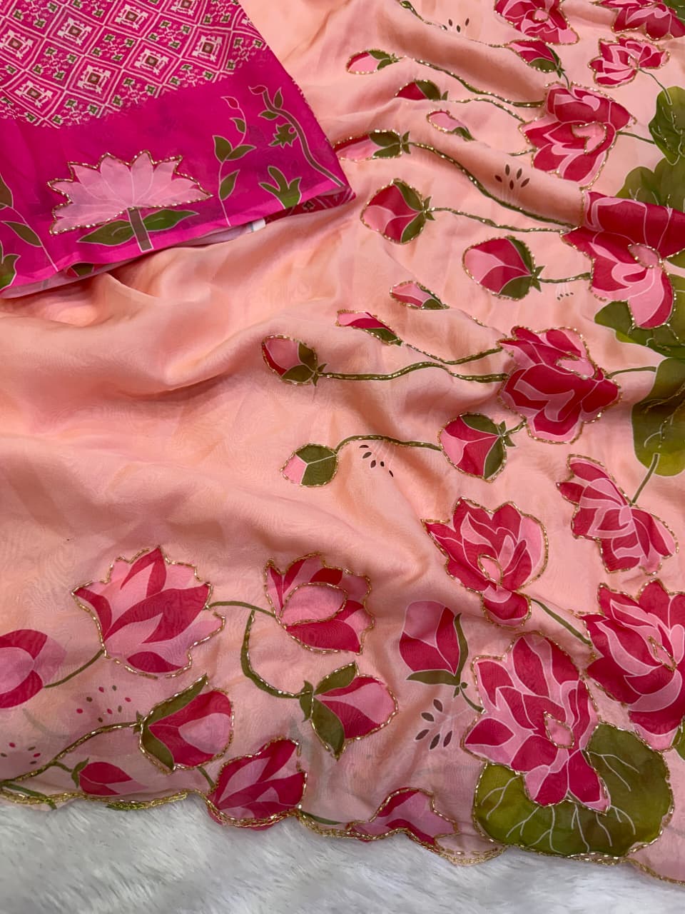 Soft Tabby Organza Silk Saree with Cut Bead Work & Scalloped Borders – ₹1599