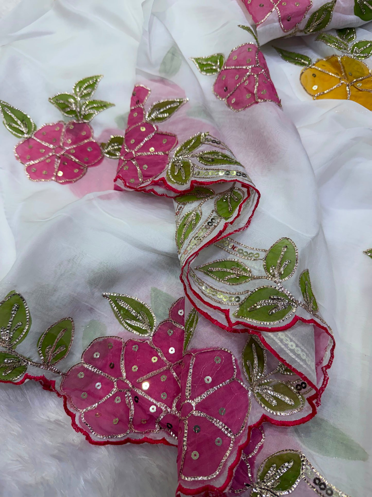 Soft Tabby Organza Silk Saree with Cut Bead Work & Scalloped Borders – ₹1750