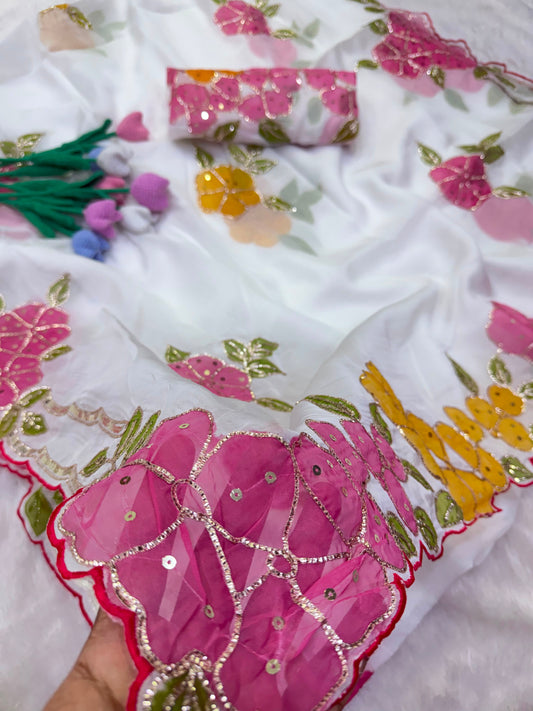 Soft Tabby Organza Silk Saree with Cut Bead Work & Scalloped Borders – ₹1750