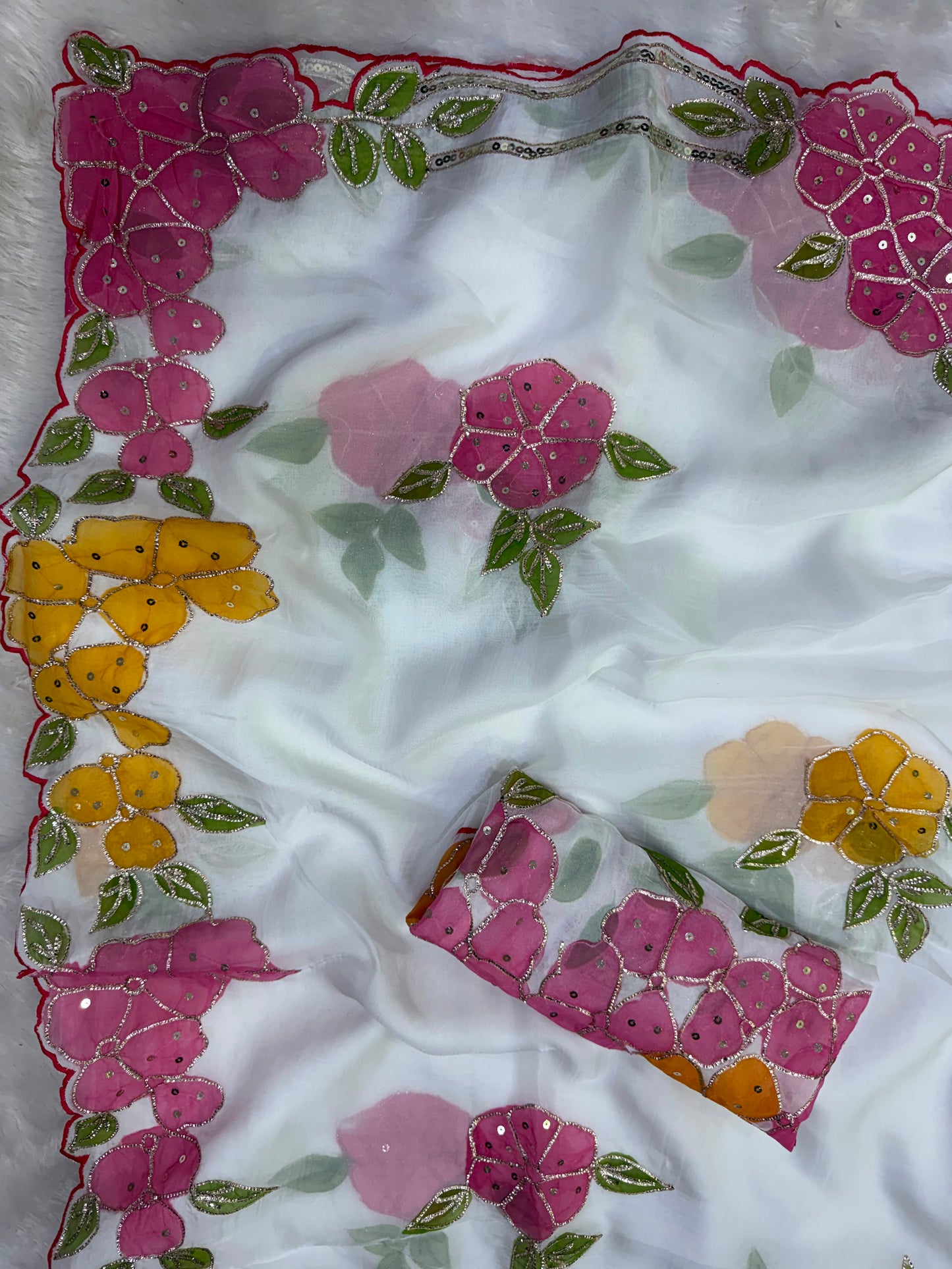 Soft Tabby Organza Silk Saree with Cut Bead Work & Scalloped Borders – ₹1750