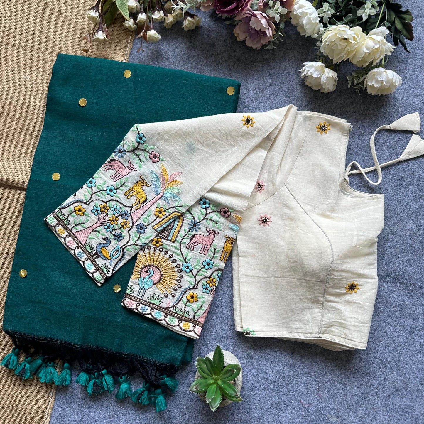 Khadi Cotton Gini Sequence Saree with Long Sleeve Embroidered Readymade Blouse – ₹1299