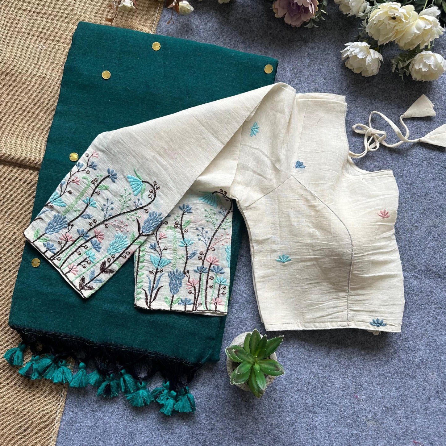 Khadi Cotton Gini Sequence Saree with Long Sleeve Embroidered Readymade Blouse – ₹1299