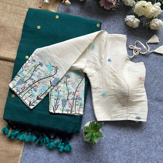 Khadi Cotton Gini Sequence Saree with Long Sleeve Embroidered Readymade Blouse – ₹1299