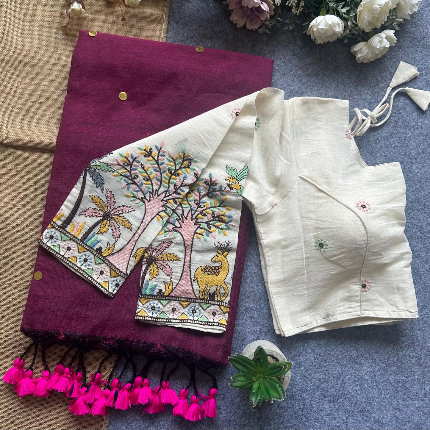 Khadi Cotton Gini Sequence Saree with Long Sleeve Embroidered Readymade Blouse – ₹1299
