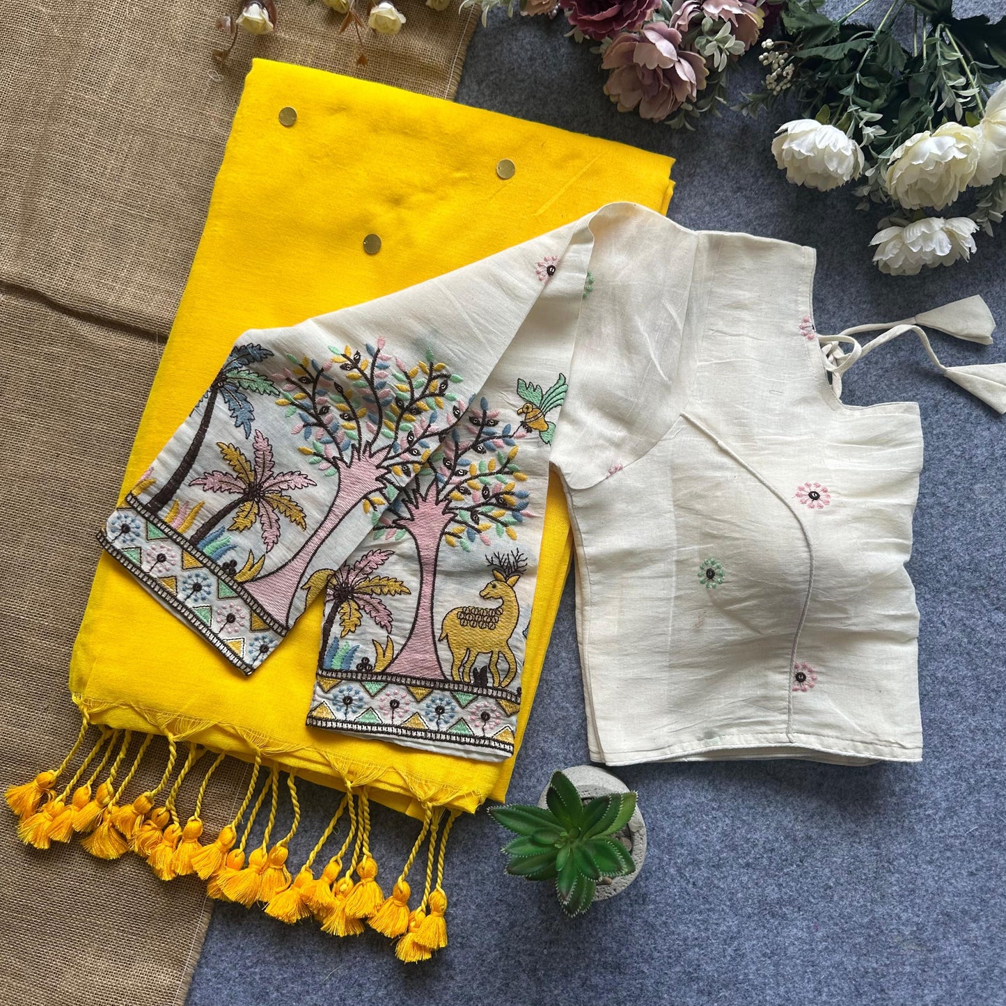 Khadi Cotton Gini Sequence Saree with Long Sleeve Embroidered Readymade Blouse – ₹1299