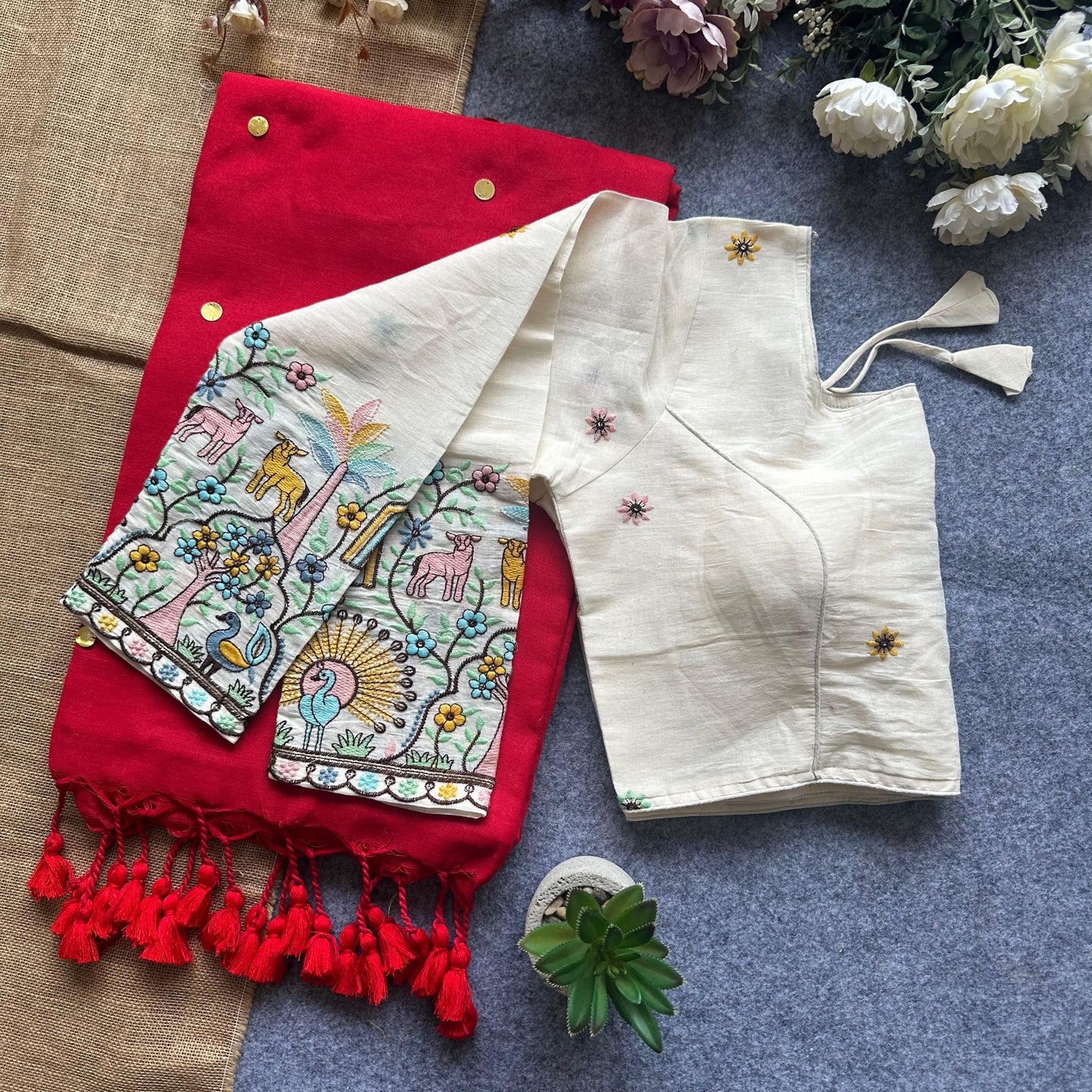 Khadi Cotton Gini Sequence Saree with Long Sleeve Embroidered Readymade Blouse – ₹1299