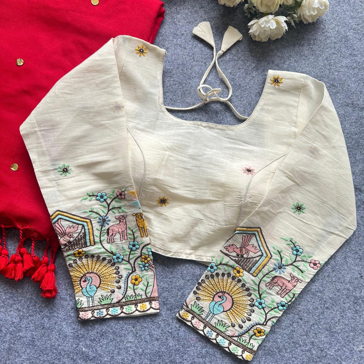 Khadi Cotton Gini Sequence Saree with Long Sleeve Embroidered Readymade Blouse – ₹1299
