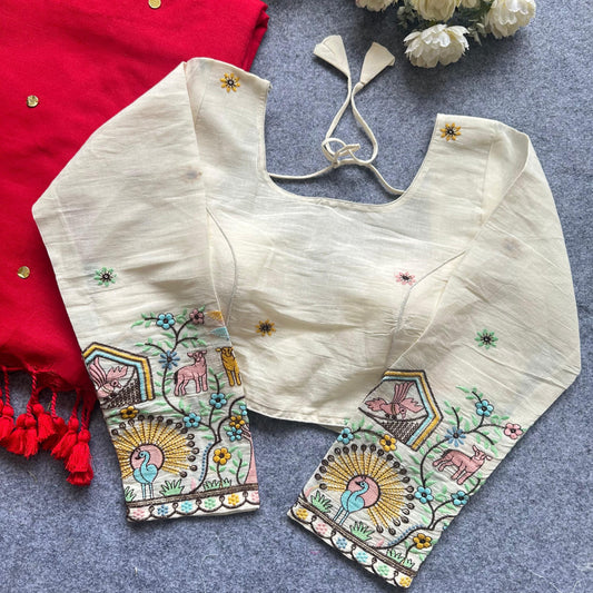 Khadi Cotton Gini Sequence Saree with Long Sleeve Embroidered Readymade Blouse – ₹1299