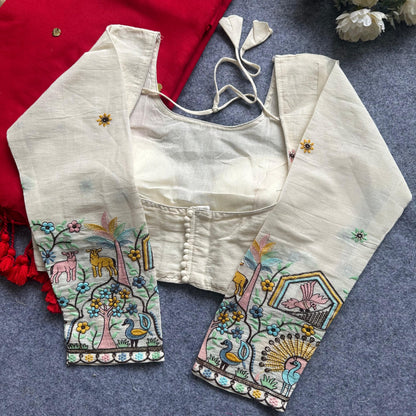 Khadi Cotton Gini Sequence Saree with Long Sleeve Embroidered Readymade Blouse – ₹1299