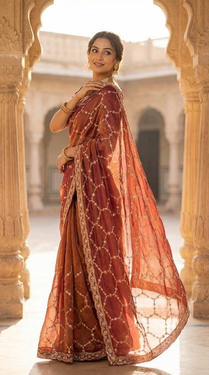 Moss Chiffon Silk Saree with Dual Tone Effect & Sequence Embroidery – ₹1399