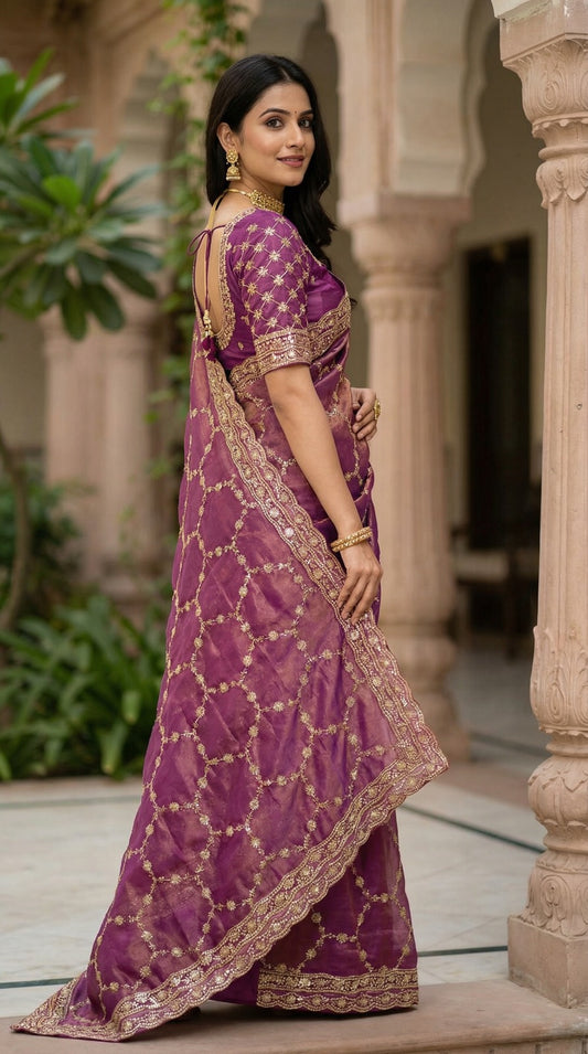 Moss Chiffon Silk Saree with Dual Tone Effect & Sequence Embroidery – ₹1399