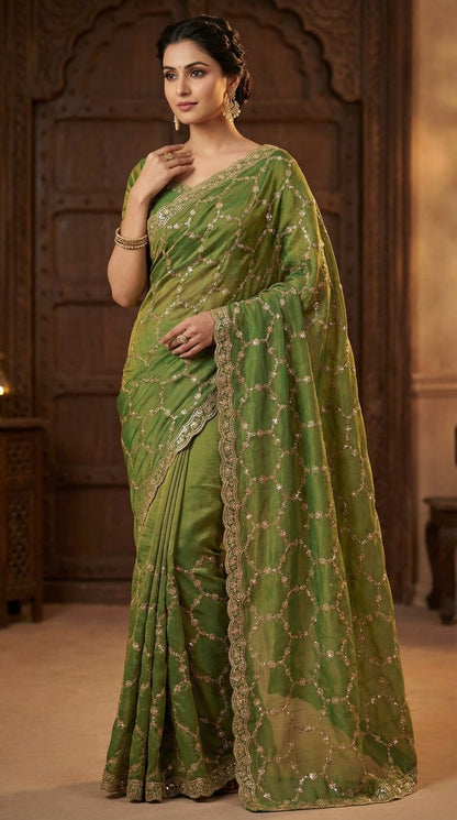 Moss Chiffon Silk Saree with Dual Tone Effect & Sequence Embroidery – ₹1399