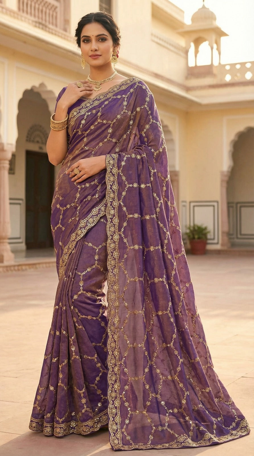 Moss Chiffon Silk Saree with Dual Tone Effect & Sequence Embroidery – ₹1399