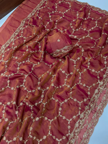 Moss Chiffon Silk Saree with Dual Tone Effect & Sequence Embroidery – ₹1399