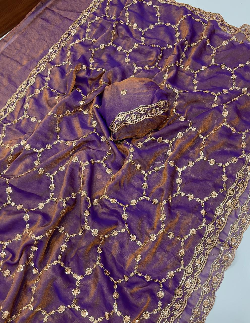 Moss Chiffon Silk Saree with Dual Tone Effect & Sequence Embroidery – ₹1399