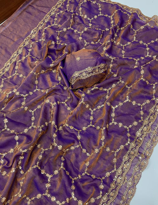 Moss Chiffon Silk Saree with Dual Tone Effect & Sequence Embroidery – ₹1399