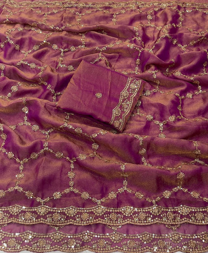 Moss Chiffon Silk Saree with Dual Tone Effect & Sequence Embroidery – ₹1399