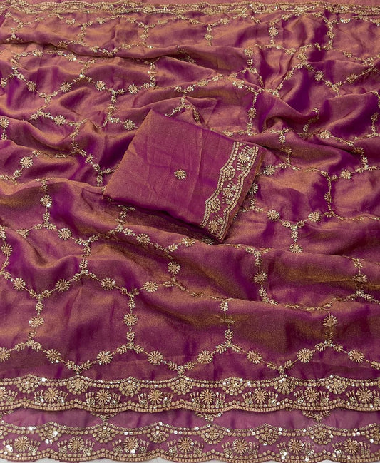 Moss Chiffon Silk Saree with Dual Tone Effect & Sequence Embroidery – ₹1399