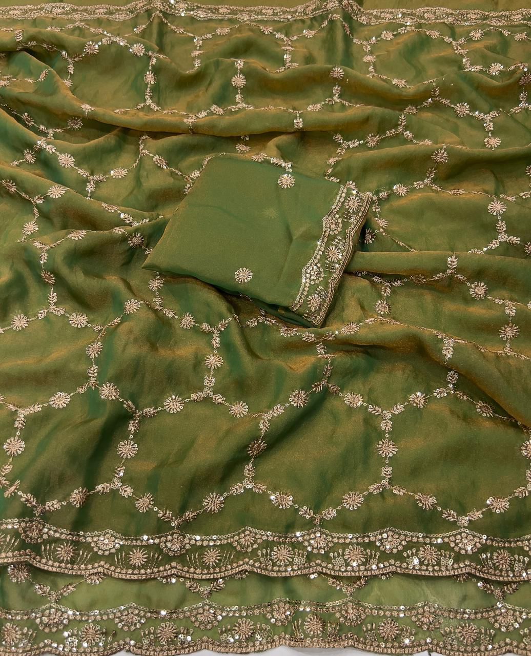 Moss Chiffon Silk Saree with Dual Tone Effect & Sequence Embroidery – ₹1399