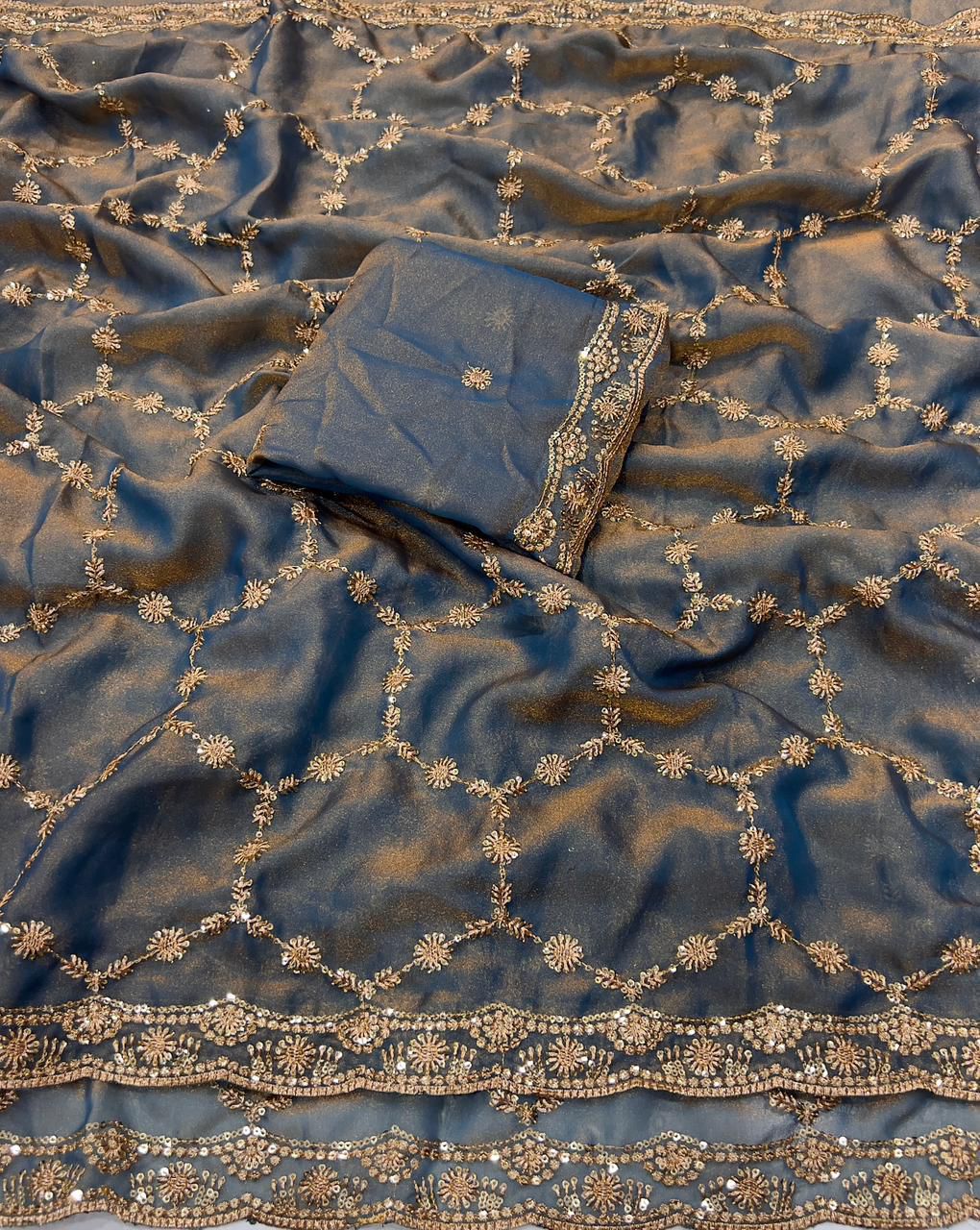 Moss Chiffon Silk Saree with Dual Tone Effect & Sequence Embroidery – ₹1399