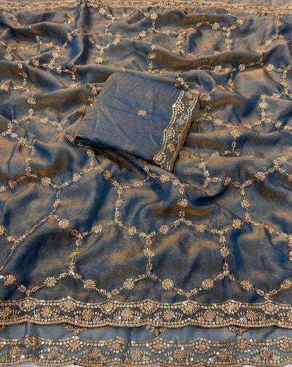 Moss Chiffon Silk Saree with Dual Tone Effect & Sequence Embroidery – ₹1399