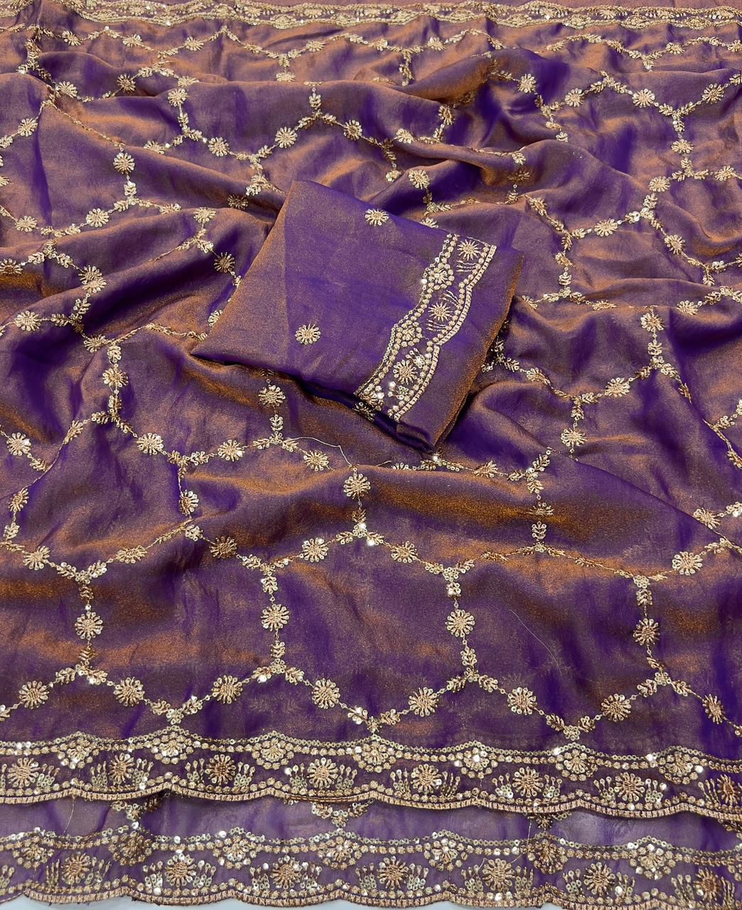 Moss Chiffon Silk Saree with Dual Tone Effect & Sequence Embroidery – ₹1399