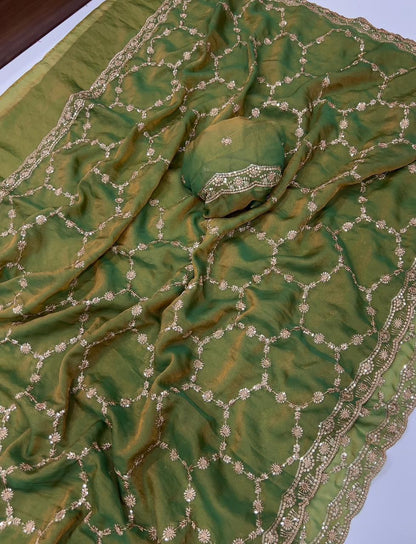 Moss Chiffon Silk Saree with Dual Tone Effect & Sequence Embroidery – ₹1399