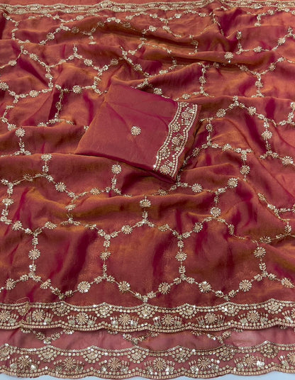 Moss Chiffon Silk Saree with Dual Tone Effect & Sequence Embroidery – ₹1399